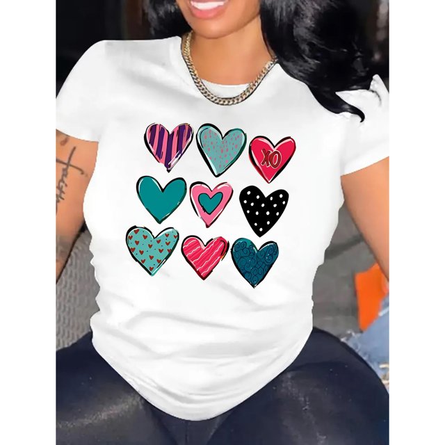 Women's Colorful Heart Print T-Shirt - Casual Round Neck Short Sleeve, Comfortable Polyester Blend Summer Top, Machine Washable