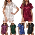 thumbnail image 4 of Romacci Women Pajamas Set Short Sleeve Notched Collar Button Down Satin Pjs Sleepwear, 4 of 7