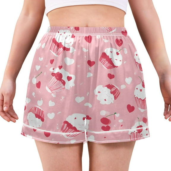 Women's Satin Pajama Shorts Cute Love Cake with Pockets, Elastic Waist Sleep Lounge Shorts