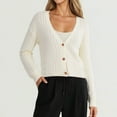 thumbnail image 2 of Wang6 Women Lightweight Cropped Cardigans Sweaters Trendy Long Sleeve Button Cable Knit Sweater Fall V Neck Knitted Outwear Tops White One Size, 2 of 7