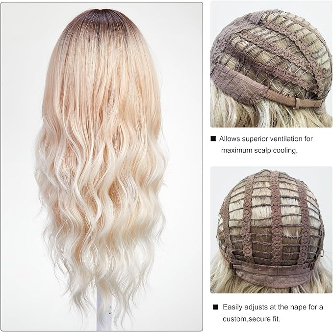 Long Curly Ombre Blonde Wigs With Bangs Wig for Women Synthetic Hair Wig for Party Cosplay Daily Use -26 inches(Beige Wig)