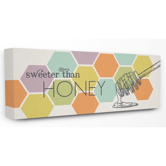 The Stupell Home Decor Collection Sweeter Than Honey Typography with Geo Honeycomb Pattern Stretched Canvas Wall Art, 10 x 24