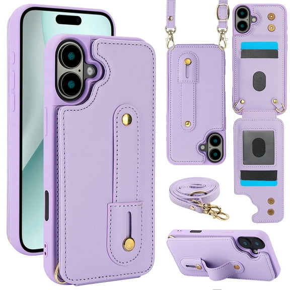 for iPhone 16 Plus Case with Card Holder Crossbody Lanyard Strap Leather Wallet Case with Magnetic Clasp Kickstand Heavy Duty Protective Back Flip Phone Cover for Women,Purple