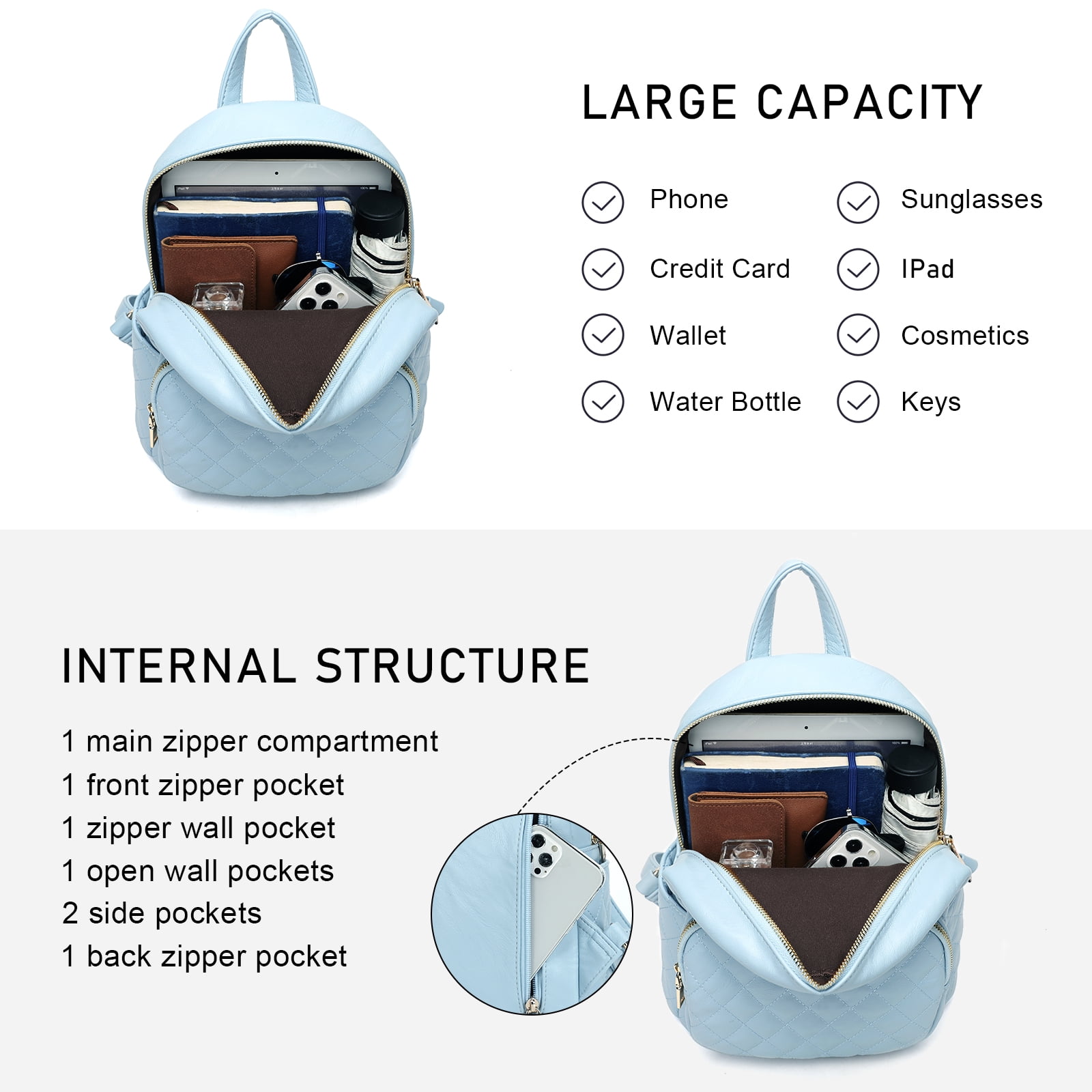 Women\'s Baby Blue Lightweight Quilted Casual Travel Mini Backpack 2-in-1 Set Bag Fashion Quilted Backpack for Women Lightweight Travel  main image 3