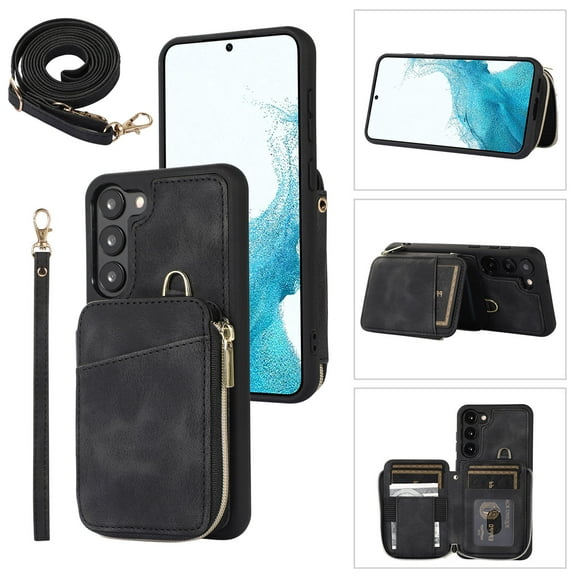 for Samsung Galaxy S23 Wallet Case Crossbody Strap, Zipper Phone Case with Card Holder Wrist Strap Purse Cover with Kickstand Compatible with Samsung Galaxy S23 6.1 inch - Black