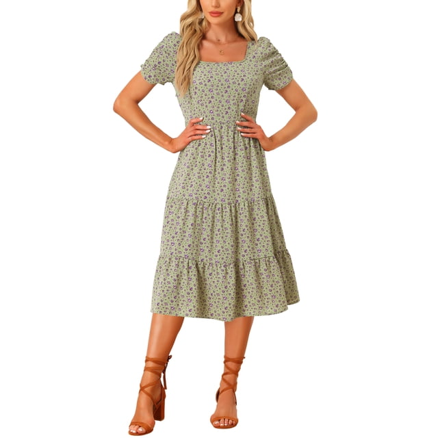 Vestido de flores de INSPIRE CHIC con escote cuadrado, mangas cortas abullonadas y dobladillo con volantes