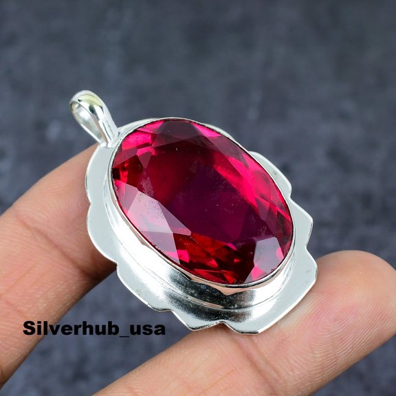 Adidev 30 Carat Pink Tourmaline Gemstone Oval Shape Maroon Color 925 Sterling Silver Pendant for Women