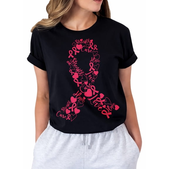 Breast Cancer Awareness Pink Ribbon Word Art T-Shirt for Women, Hope Strength Love Support Short Sleeve Shirt