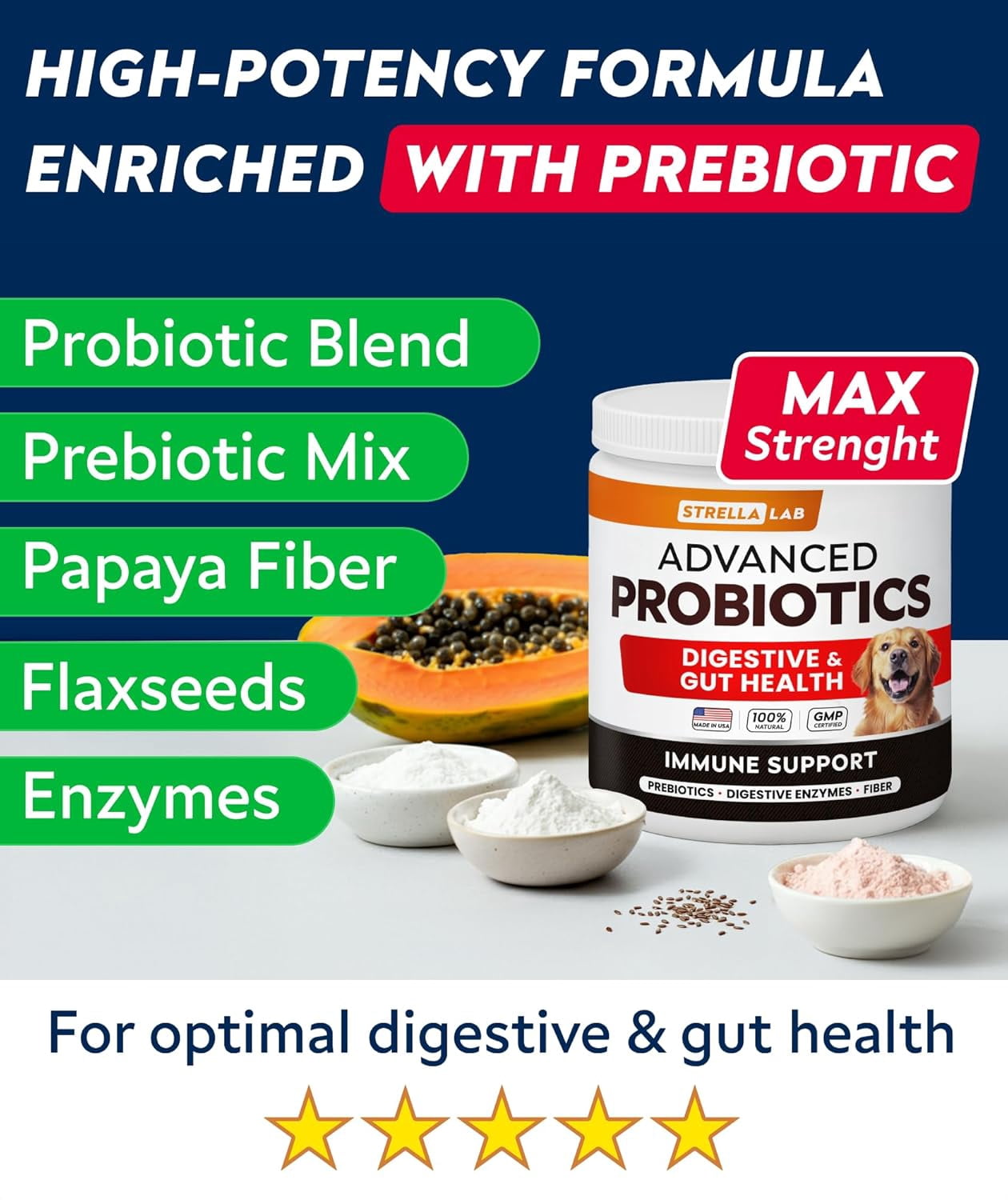 StrellaLab Probiotic Chews for Dogs - 1B CFU, Digestive Enzymes & Prebiotics - Allergy, Diarrhea & Gas Relief - Pumpkin Formula