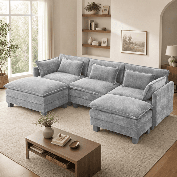 CHITOOMA 111" Modular Sectional Sofa with 2 Movable Ottomans, U-Shaped Oversized 3-Seat Chenille Cloud Sofa with 5 Pillows for Living Room, Gray