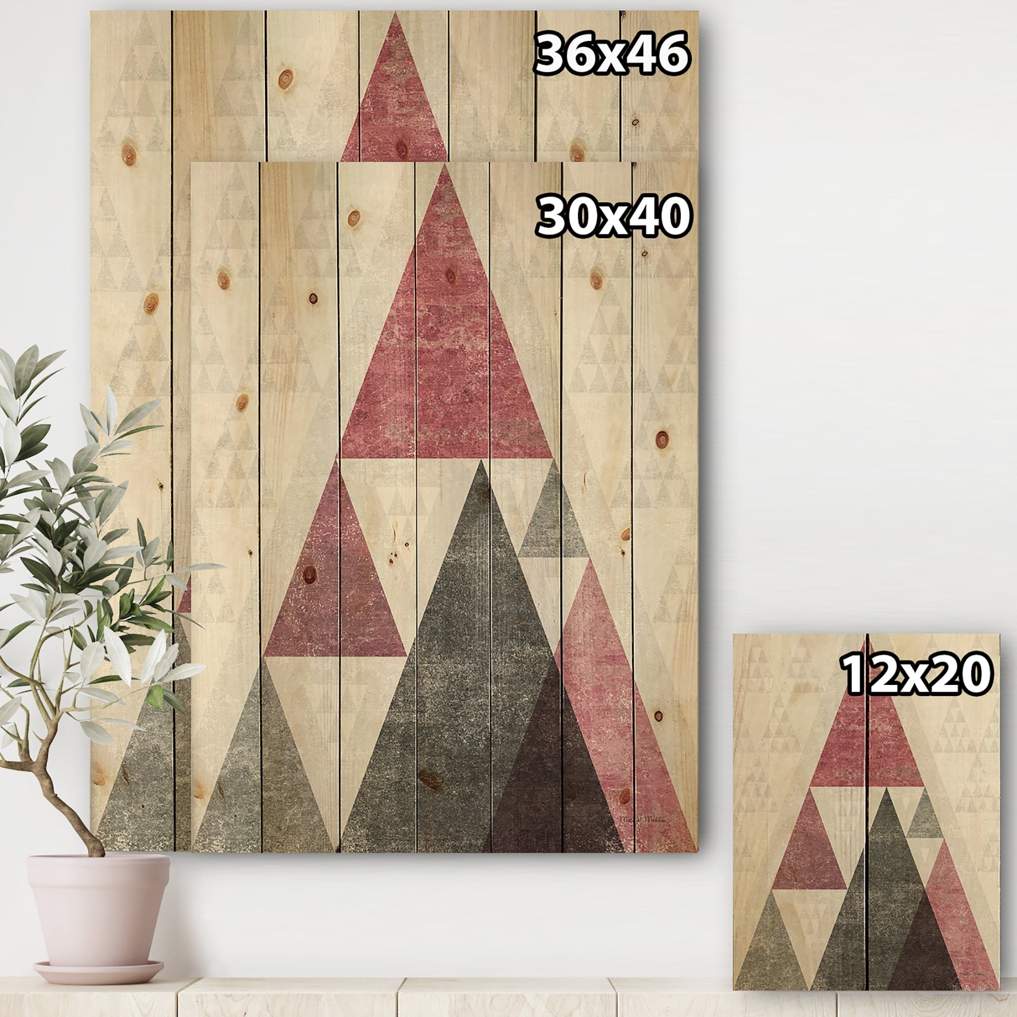 Designart 'Pink Geometric Mod Triangles II' Mid-Century Transitional Modern Print on Natural Pine Wood