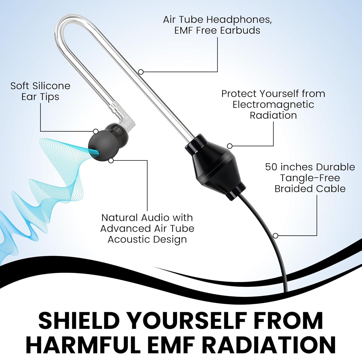 RadEnergy Airtube Headphones, EMF Free Earbuds, Air Tube Headphones With Zipper Bags, 3D Sound, Microphone Volume Control, for Work Meetings, Sleep, Gym, High Audio Quality Devices (USB-C)