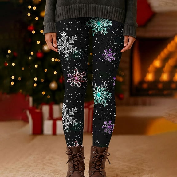 Oksale Snowflake Graphic Christmas Leggings for Women Tummy Control Plus Size Yoga Pants Soft Cozy Holiday Tights for Party Purple S
