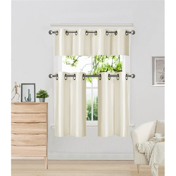 K7 Ivory 3-Piece Solid Faux Silk Blackout Grommet Kitchen Window Curtain Set, Two (2) Lined Tiers Panel 28"W x 24"L Each and One (1) Matching Lined Valance 56"W x 14"L