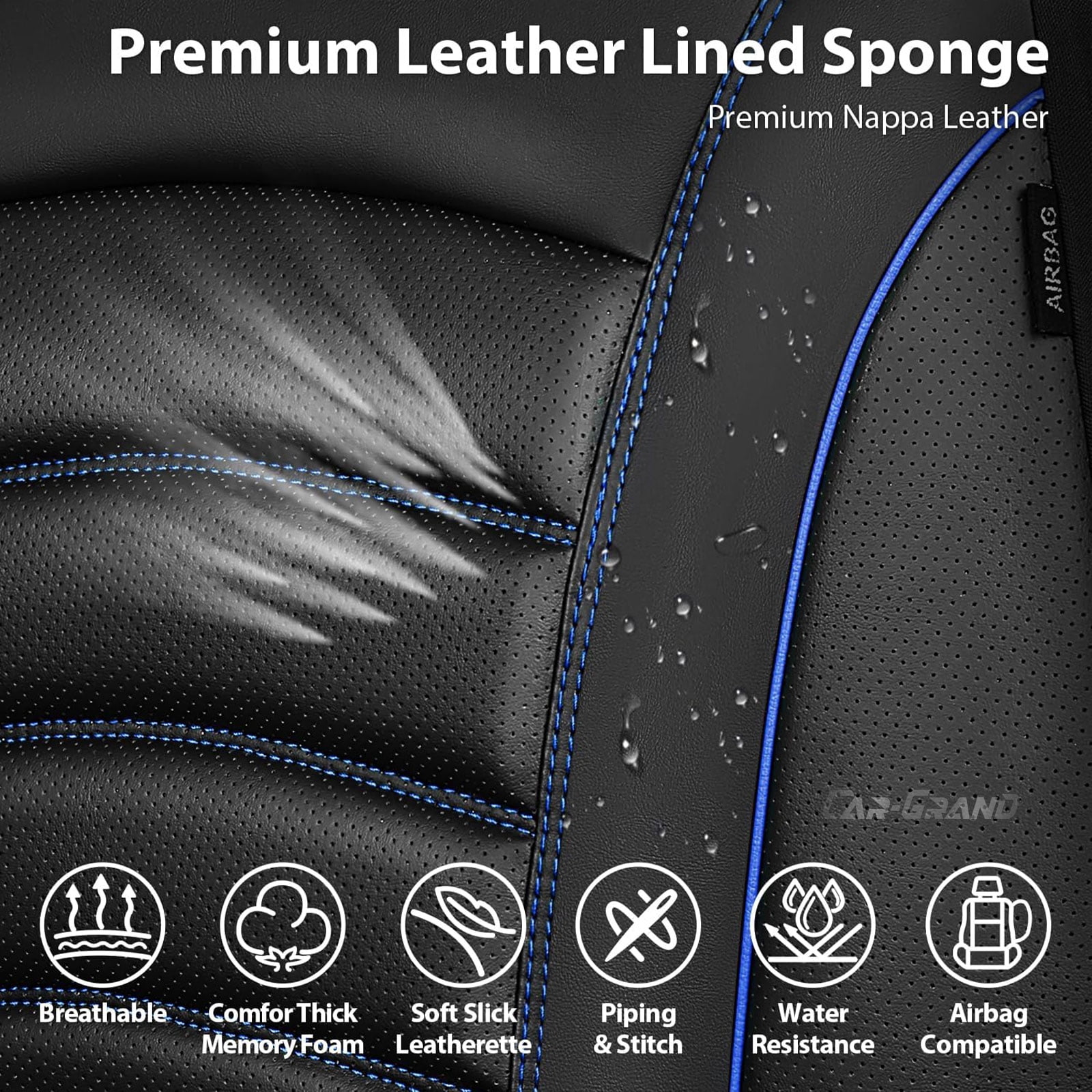 CAR GRAND PU Leather Car Seat Covers, Universal Fit Front Pair for Trucks SUV Sedan Automotive Seat Protectors Armrest Airbag Compatible Waterproof 3D Foam Comfortable Faux Nappa Leather Blue  Piping