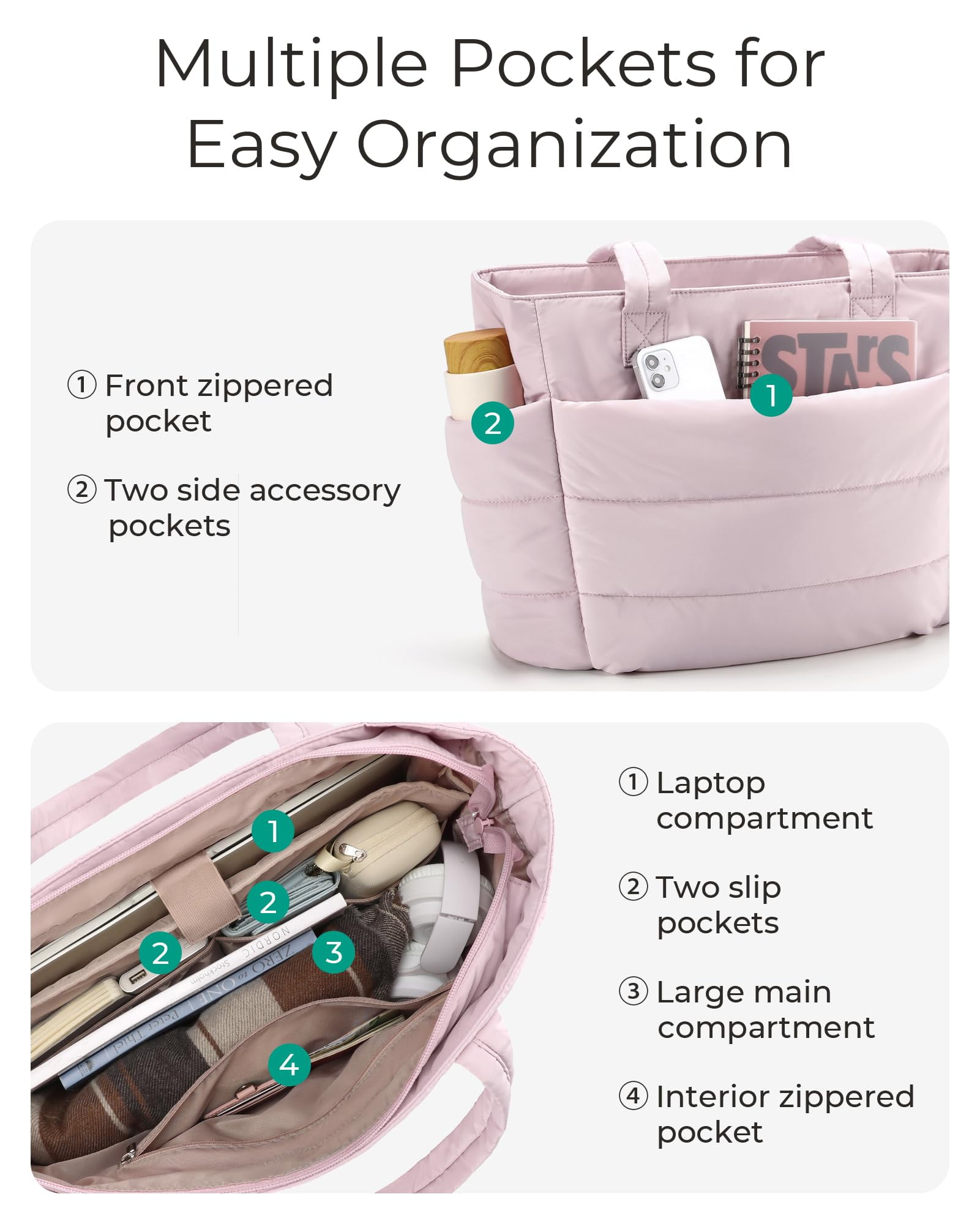Puffer Tote Bag for Women, Nurses - Multi-Pocket Lightweight Bag for Work - Quilted Handbag for Travel and Gym