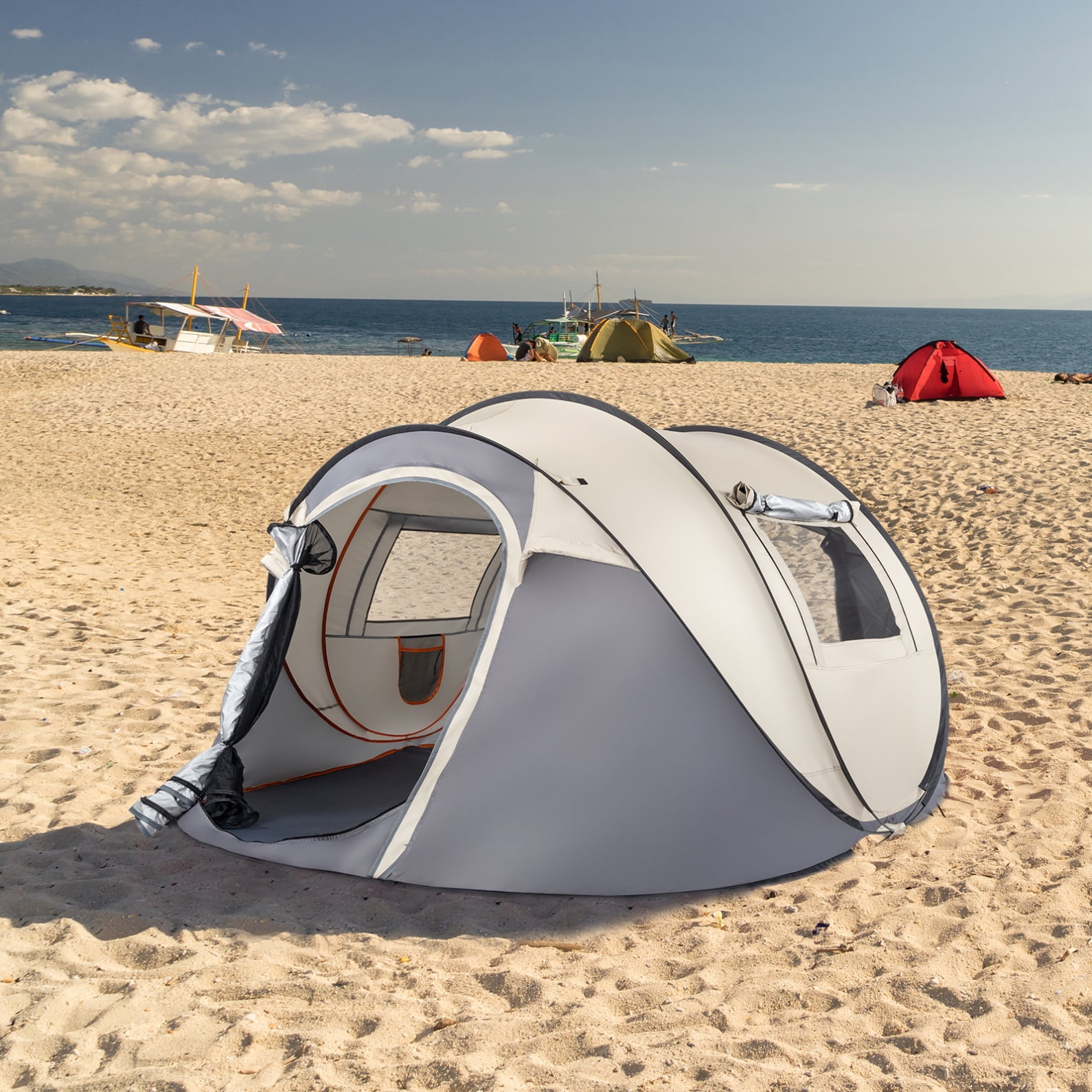 Instant Pop Up Tent, Camping Tent for 3-4 Person, Lightweight Automatic Quick Easy Setup Tent with 2 Windows for Camping,Outdoor, Hiking, Beach, Khaki