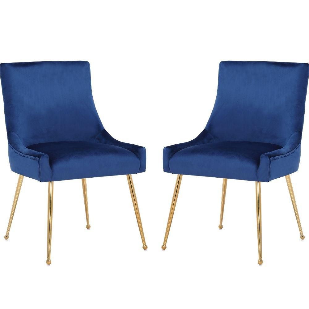 Haya Velvet Dining Chair in Blue with Metal Gold Legs, Side Dining Chair, Armless Chair Set 2