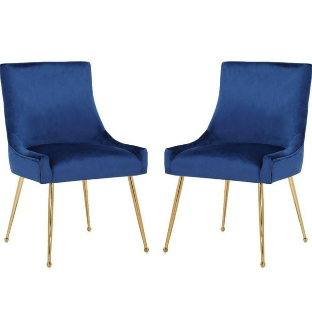Haya Velvet Dining Chair in Blue with Metal Gold Legs, Side Dining Chair, Armless Chair Set 2