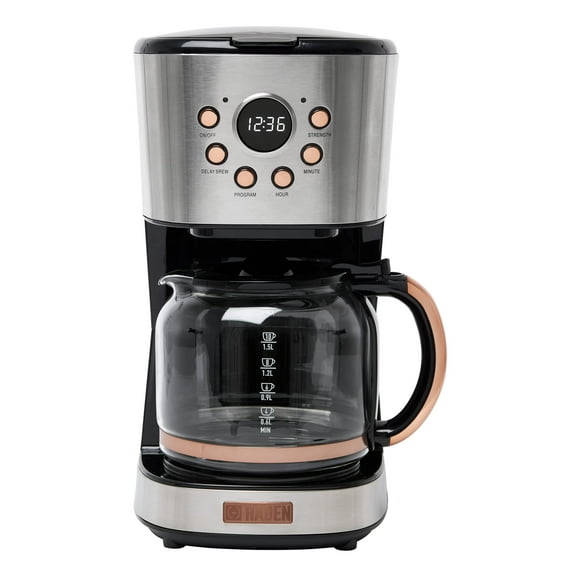 Cafetera Haden, Cafetera de Goteo Programable de 12 Tazas con Función de Apagado Automático y Filtro de Agua Lavable Reutilizable, Acero y Cobre