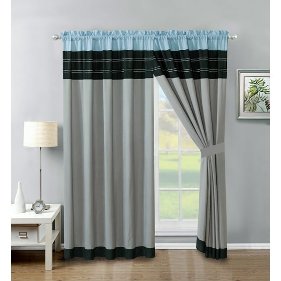 4-Pc Jordan Embroidery Stripe Lines Curtain Set Blue Black Gray Valance Drape Sheer Liner