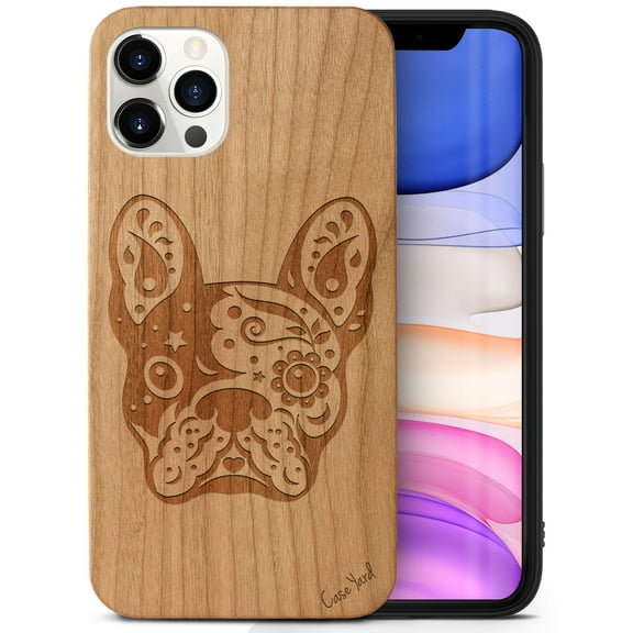 Case Yard Wooden Case Outside Soft TPU Silicone, Slim Fit Shockproof Wood Protective Phone Cover for Girls Boys Men and Women, Supports Wireless Charging Bulldog Design case for iPhone-11-Pro