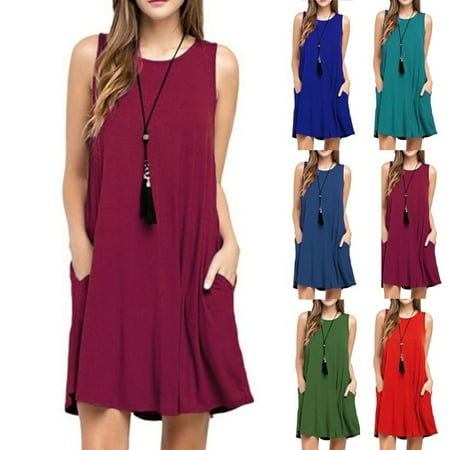 Green Summer Dress - Women's Fashion Summer Sexy O-Neck Sleeveless Pocket Tank Dress Loose Solid Color Cotton Hem Dress