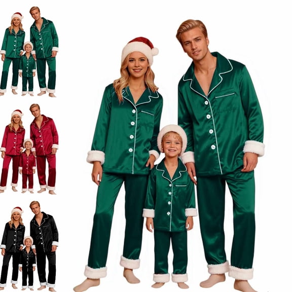 GPOECD Christmas Pajamas for Family Two Piece Long Sleeve Lapel Top and High Waist Pants for Family Outfits Pajama Set Winter,Green,13-14 Years
