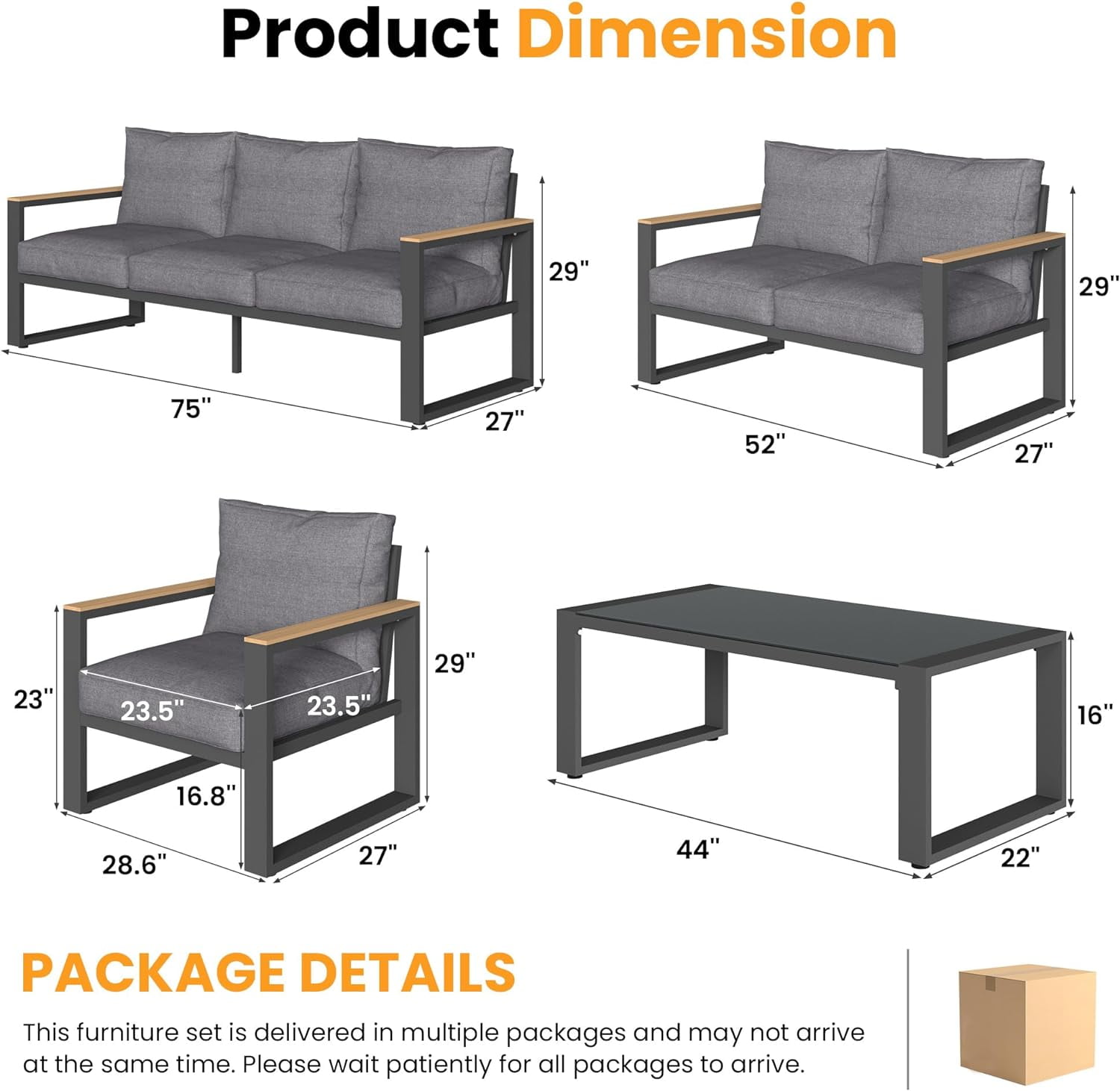 RoyalCraft Aluminum Patio Furniture Set, 8 Piece Outdoor Conversation Set with Coffee Table, Metal Outdoor Patio Furniture Set for Porch Backyard Garden, Grey