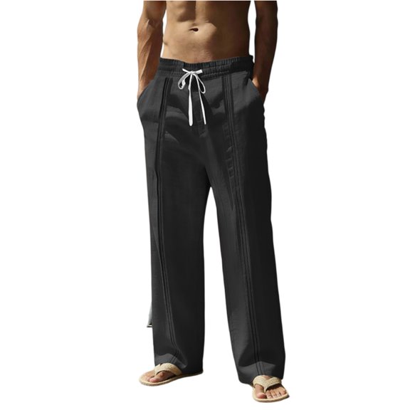 Zimjoy Mens Linen Pants Casual Summer Beach Pants Elastic Waist Drawstring Lightweight Vacation Trousers with Pockets, Black L
