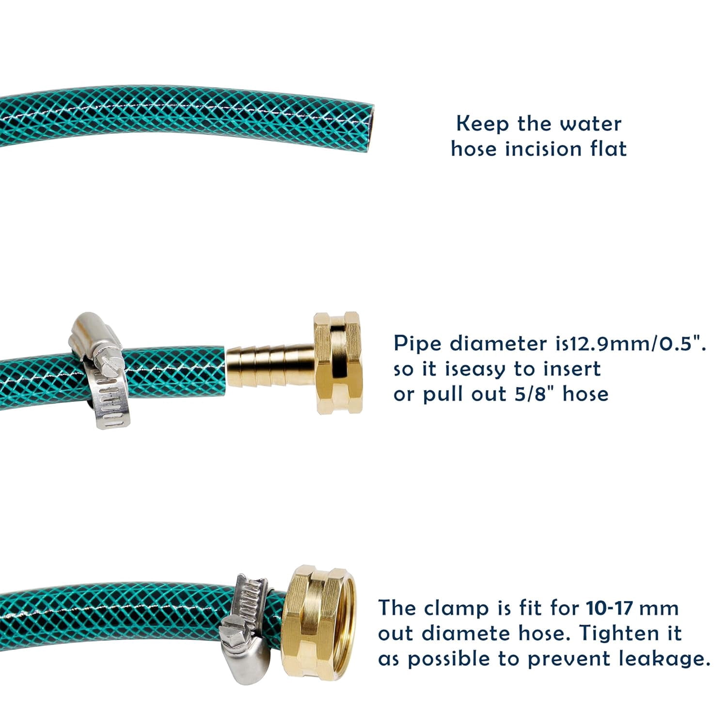 Heavy Duty Brass 1/2" Garden Hose Mender End Repair Connector with Stainless Clamps, Male and Female Garden Hose Fittings, 3 Sets