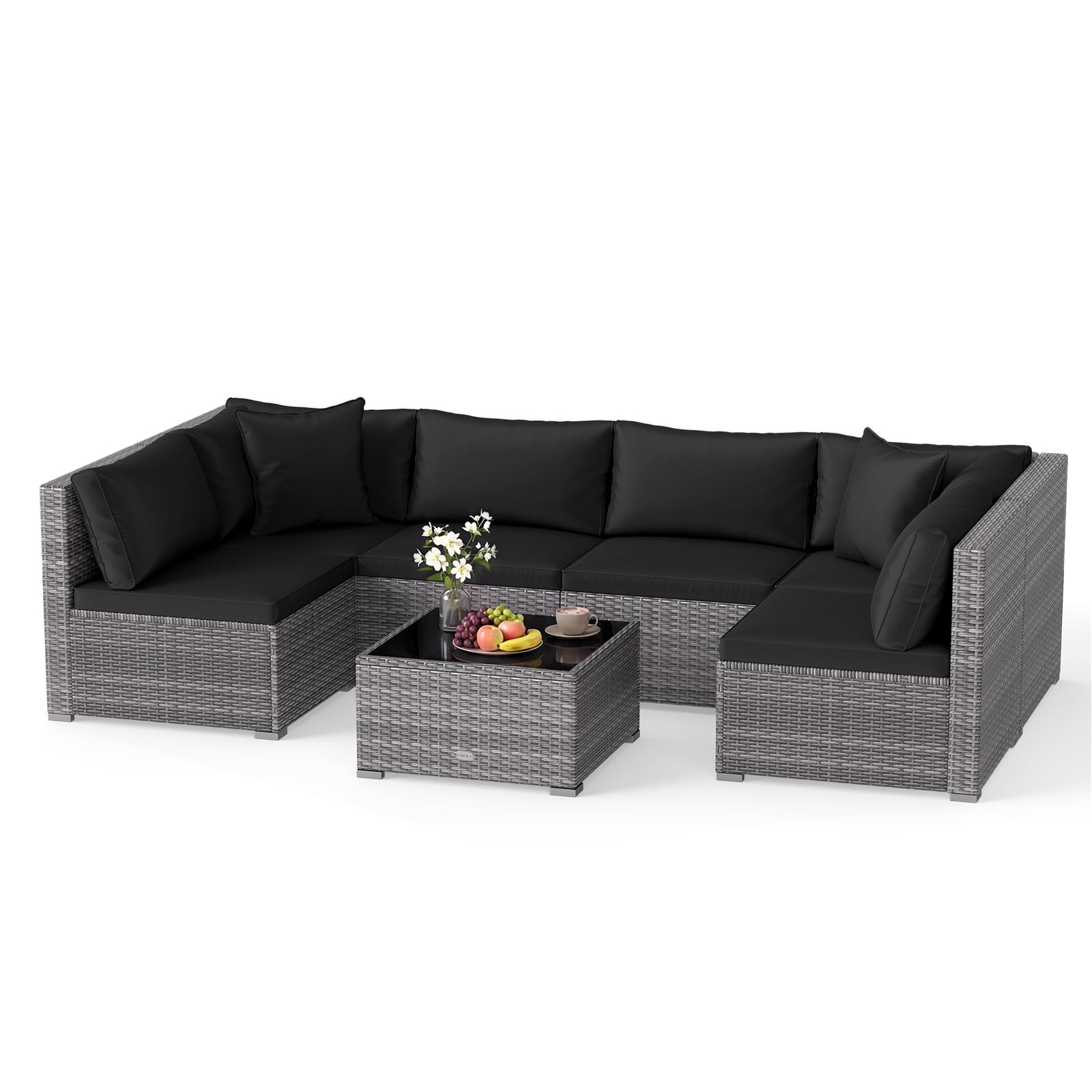 Costway 7PCS Patio Rattan Furniture Set Sectional Sofa Cushioned Garden Black