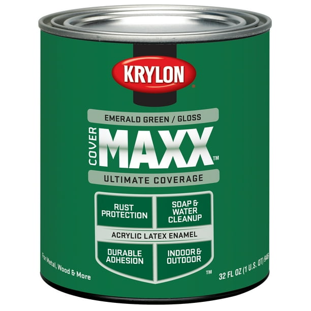 Krylon COVERMAXX Acrylic Latex Enamel, Gloss, Emerald Green, 1 Quart