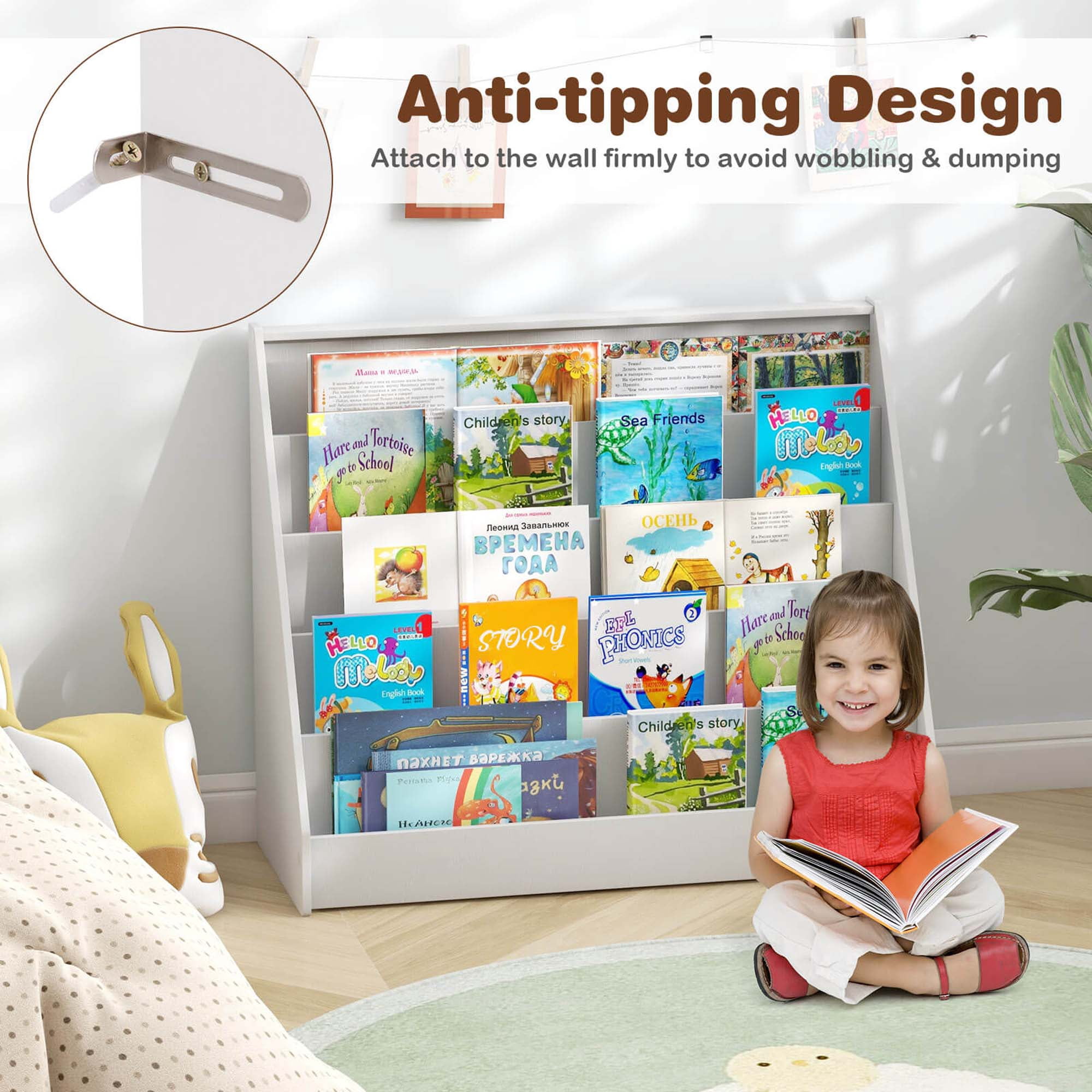 Costway 5 Tier Kids Bookshelf with Anti-Tipping Device Kids-friendly Height for Bedroom White