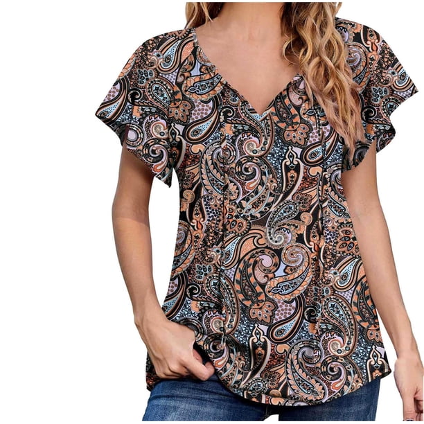 Blusas de gasa con cuello en V y estampado Floral bohemio informal de verano para mujer, blusas de manga corta con cordón Fridja bn6475