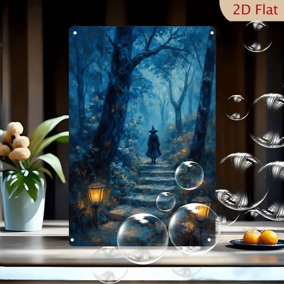 Twilight Forest Wizard Painting, 8x12 inch Metal Wall Art, Mystical Fantasy Scene with Cloaked Figure on Stone Steps, Glowing Lanterns and Enchanted Woods, Cool Blue Tones for Home Decor