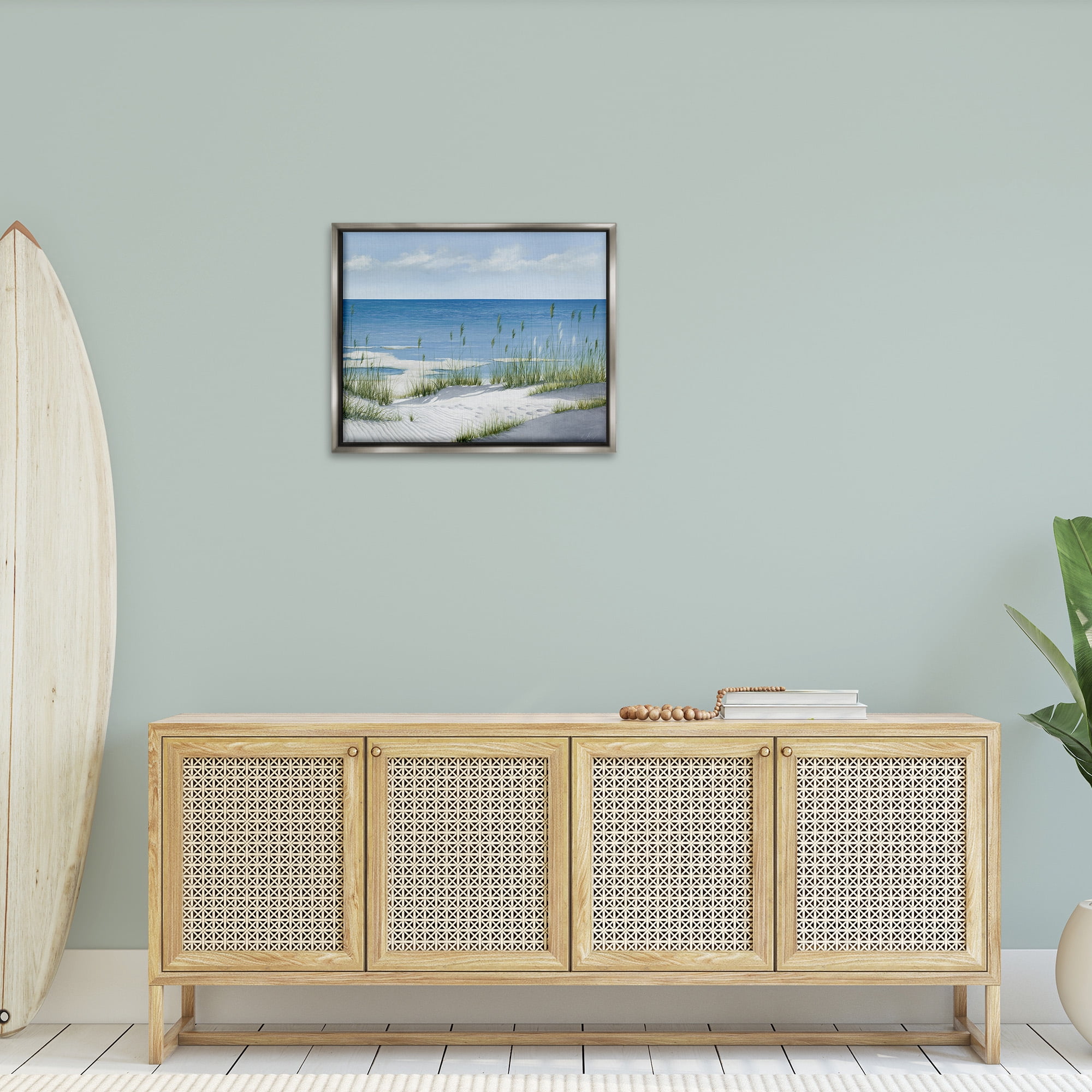 Stupell Industries Beach with White Sand Landscape Painting Gray Floater Framed Canvas Art Print Wall Art, 31 x 25