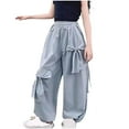 thumbnail image 2 of MKOSPLRT Bow Cargo Pants for Girl 5-16 Years Elastic Waist Baggy Wide Leg Pants Solid Casual Cinch Bottom Dance Pants with Pocket, 2 of 5