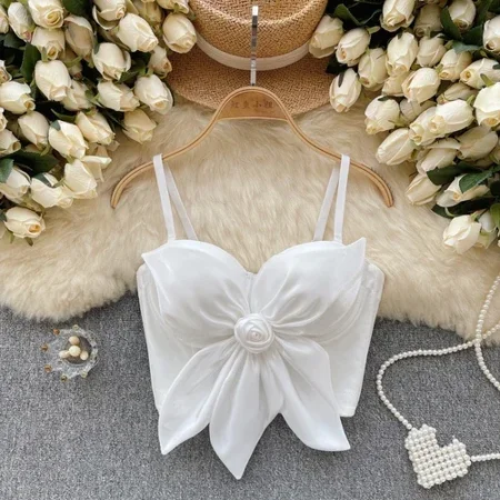 Spaghetti Strap Tank Top Women with Built in Bra Three-dimensional Foral Camisole Female Backless Cropped Tanks Sexy Dropship