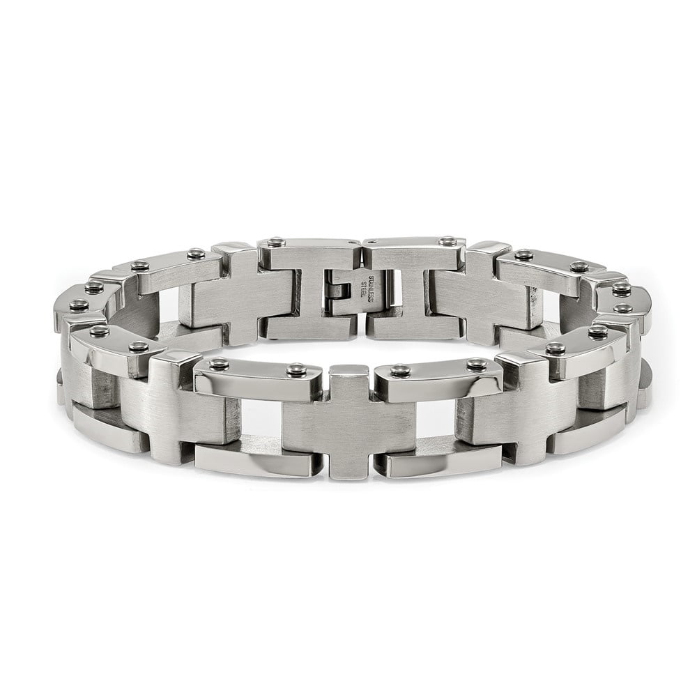 Diamond2Deal Stainless Steel Brushed and Polished Open Cross Link Bracelet for Men 8.5"
