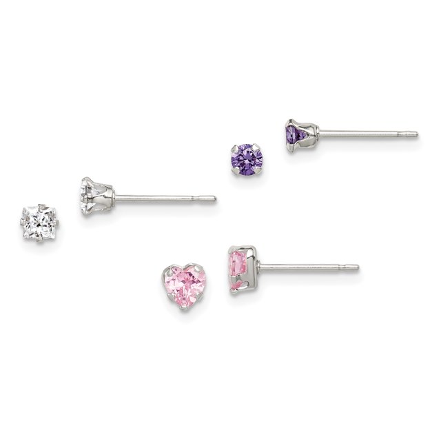 925 Sterling Silver 3 Piece Crystalpost Stud Earrings Set