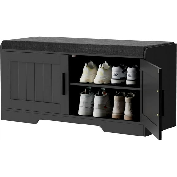 2-Tier Storage Bench, Shoe Bench with Thickened Padded Seat Cushion, Entryway Bench with 2 Doors, Adjustable Shelf, 13.8" D x 37.4" W x 18.5" H, for Entryway, Living Room, Bedroom