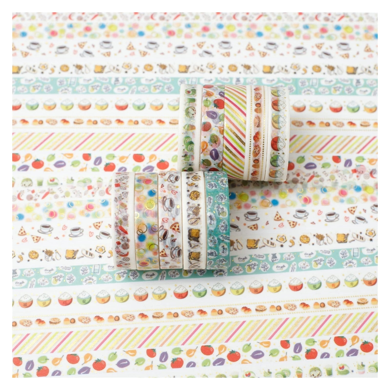10 Rolls Sparkling Washi Tape Set 8mm Skinny Gold Foil Decorative Masking Washi Tapes for Bullet Journal,Scrapbook, Planner, DIY Crafts (Gourmet Temptation)