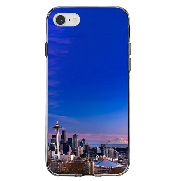 DistinctInk Clear Shockproof Hybrid Case for iPhone 7 8 SE (2020 Model) 4.7" Screen TPU Bumper Acrylic Back Tempered Glass Screen Protector - Seattle Skyline Night - Show Your Love of Seattle