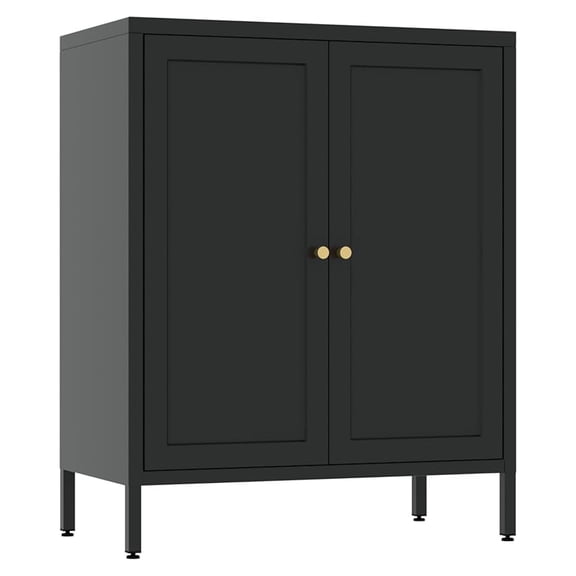 Small 2 Transparent Door Metal Storage Side Buffet Cabinet for Bed Room,Living Room,Entryway,Hallway,Home,Hotel,Office,Garage,Kitchen,1 Removable Shelf. (Square Door, Black)