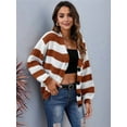 thumbnail image 3 of Women'S Winter Striped Cardigan Sweaters Long Sleeve Button Down Open Front Chunky Knit Oversized Sweater Coat Brown XL, 3 of 7