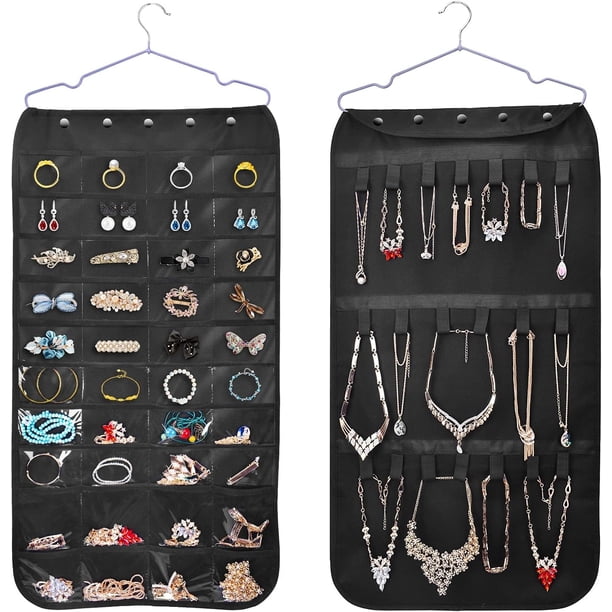 Organizador de joyas para colgar, 40 bolsillos de doble cara y 20 ganchos y bucles de cinta mágica, organizador de joyas (negro)
