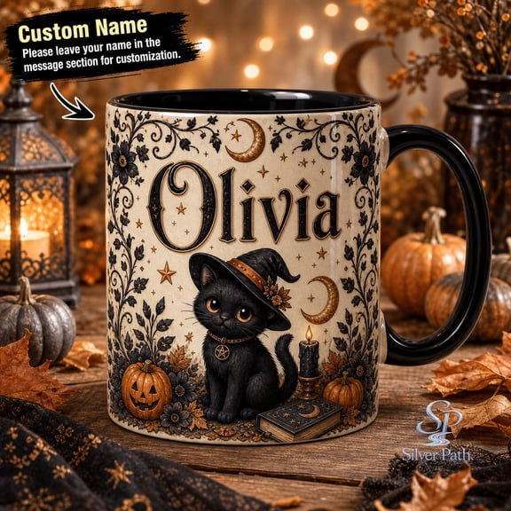 Accent Mug Personalized Witchy Black Cat Coffee Cup Custom Name for Halloween Cat Lovers