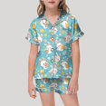 thumbnail image 2 of Baby Girls Easter Pajamas Set Graphic Printed Short Sleeve Button Collar Sleepwear Sets Loose Kids Summer Pajamas Light Blue,6-7 Years, 2 of 4