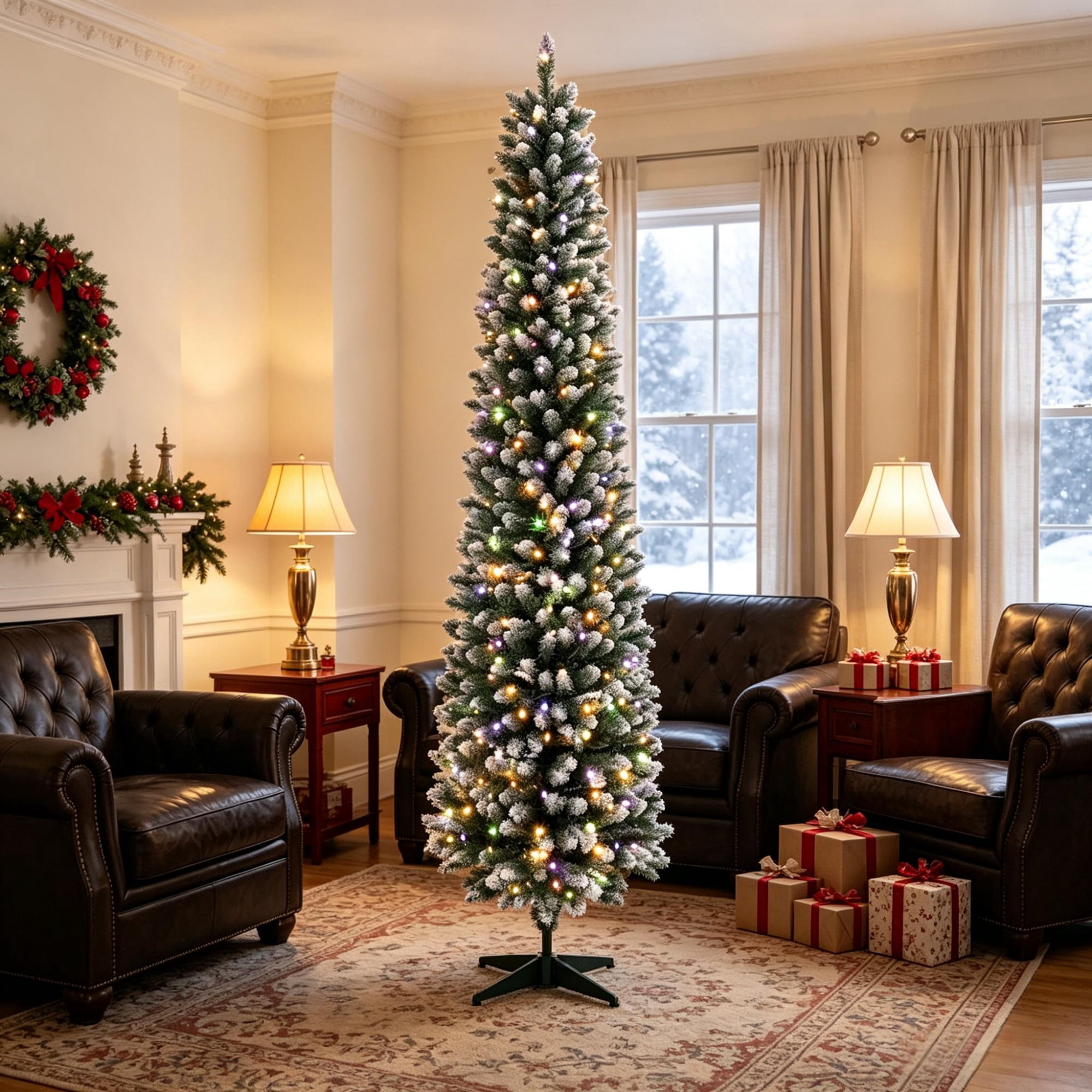 Pre-Lit Pencil Christmas Tree, 8 ft Slim Frosted Fir with 300 Dual-Color LED Lights, 11 Lighting Modes, Remote Control, 445 Branch Tips, PVC and Steel, for Small Rooms and Entryways